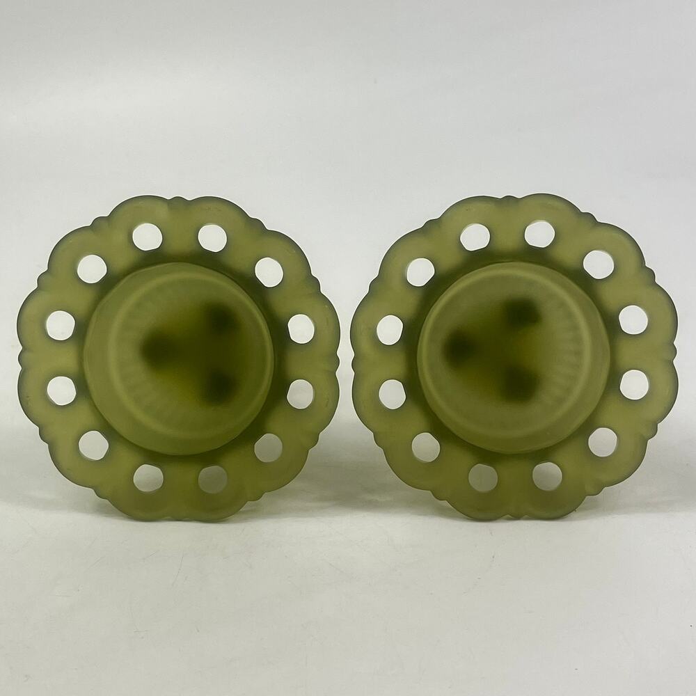 Vtg Westmoreland Doric Lace Olive Green Satin Glass Candlestick Holders Pair USA - Picture 3 of 6